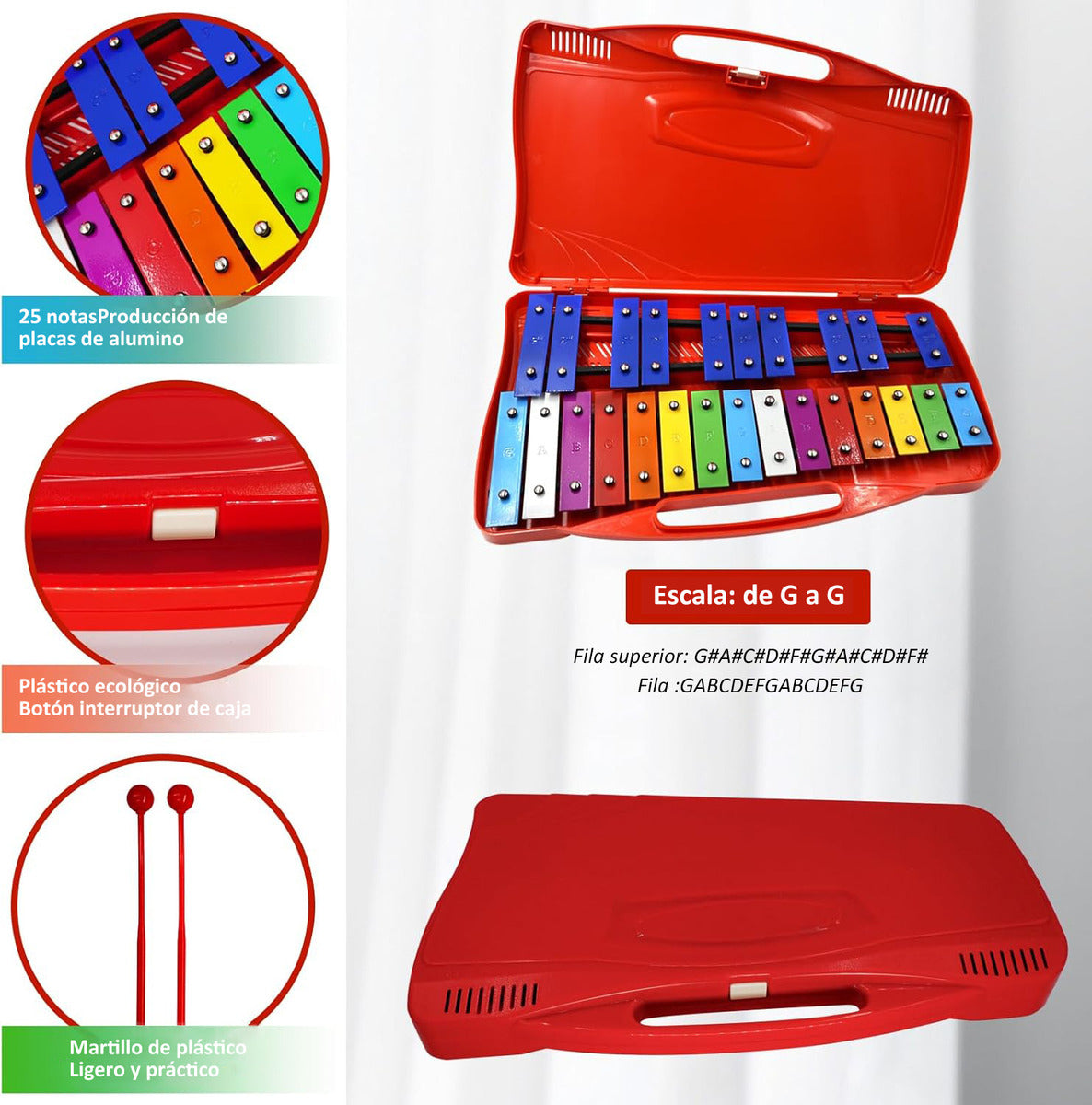 Metalófono Escolares Cromático Percusión 25 Notas 4 Colores