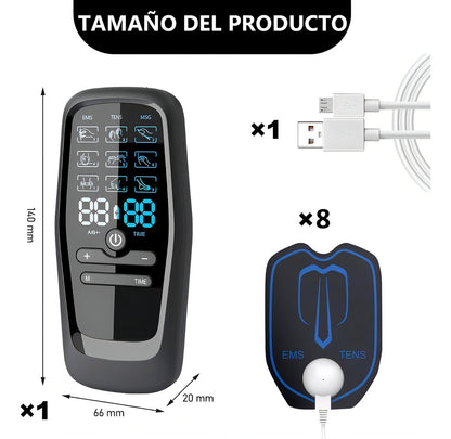 Masajeador Tens Portátil 9 Modos 4 Parches Dolor Muscular Negro