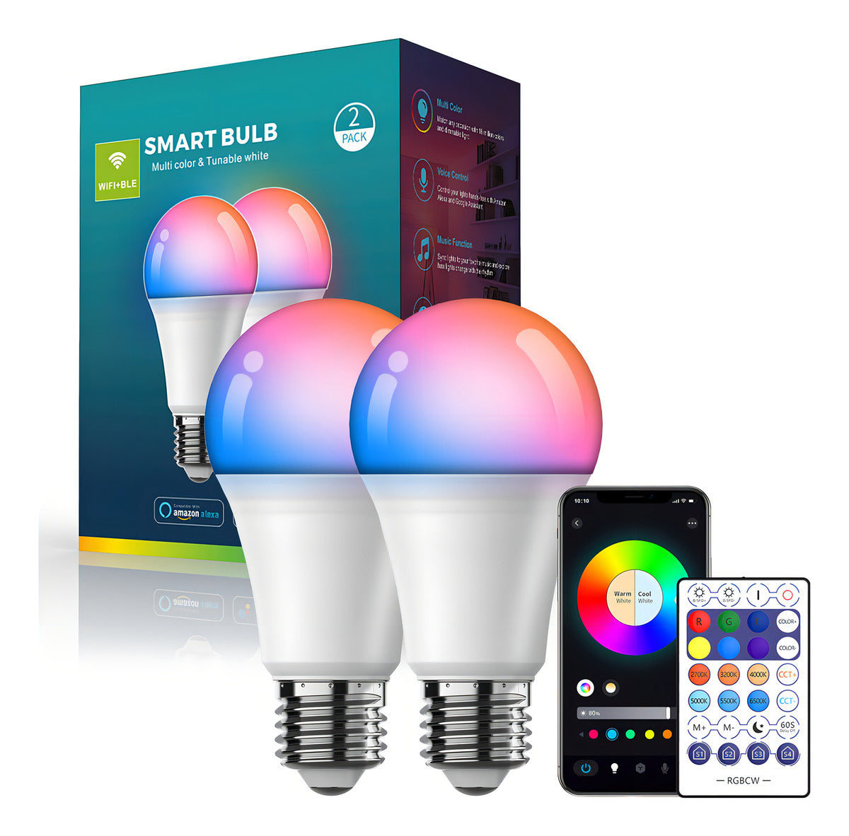 Ampolleta Inteligente Led Wifi Bluetooth App Rgb 9w 2pcs
