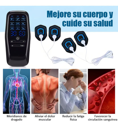 Masajeador Tens Portátil 9 Modos 4 Parches Dolor Muscular Negro