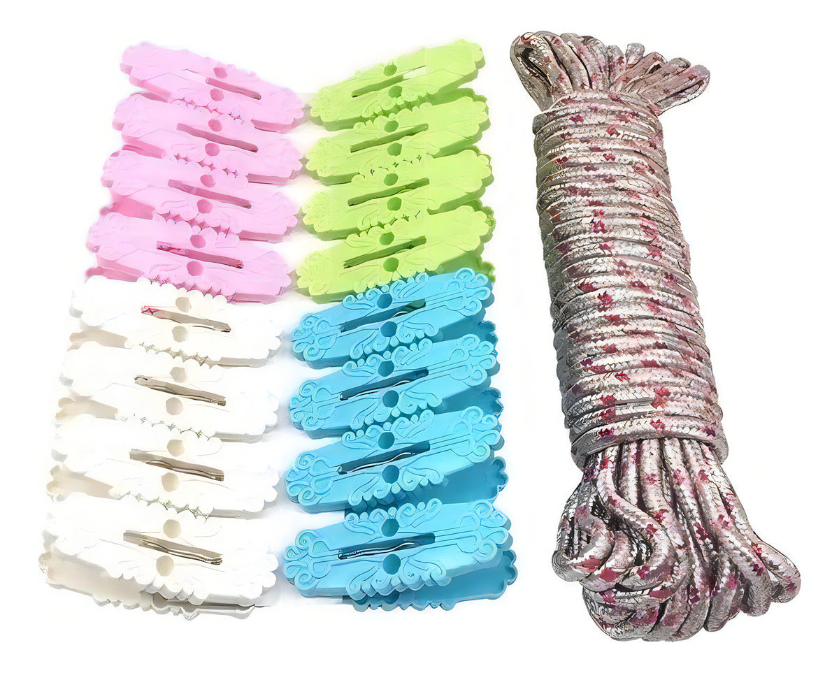 Pinza Para Colgar Ropa 16 Unidades + Cuerda Color Variados