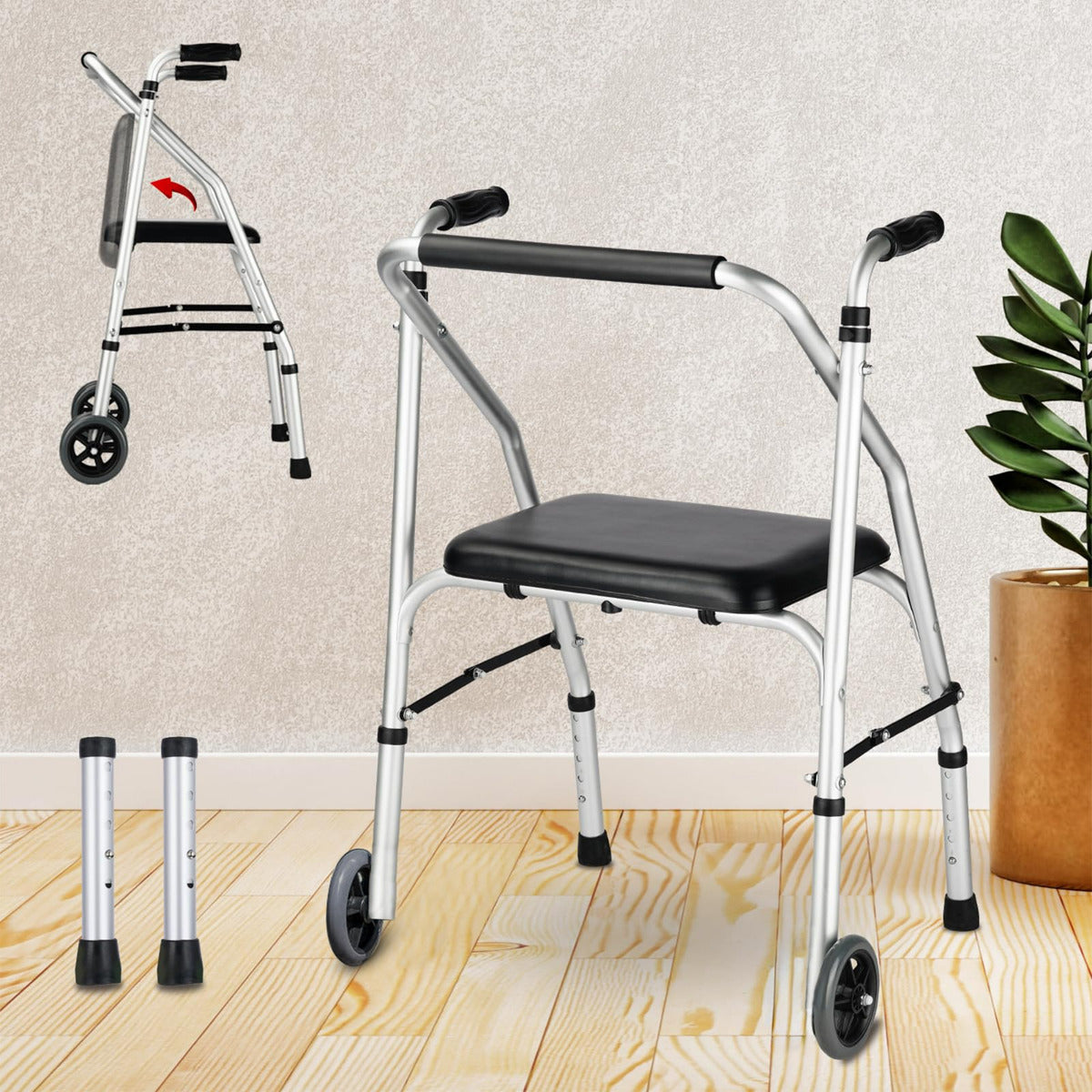 Andador Plegable Ortopédico Adulto Mayor Hoso 2 Ruedas Asiento Aluminio
