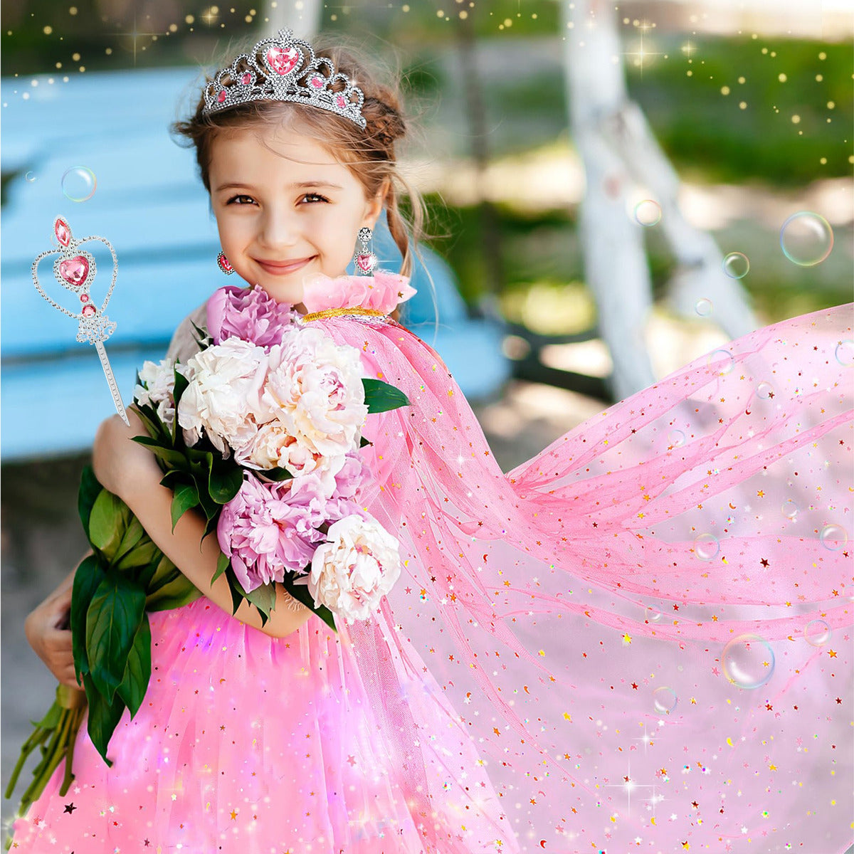 Vestido Princesa Halloween Niñas Capa Larga Brillante + Falda Corta Con Piedras