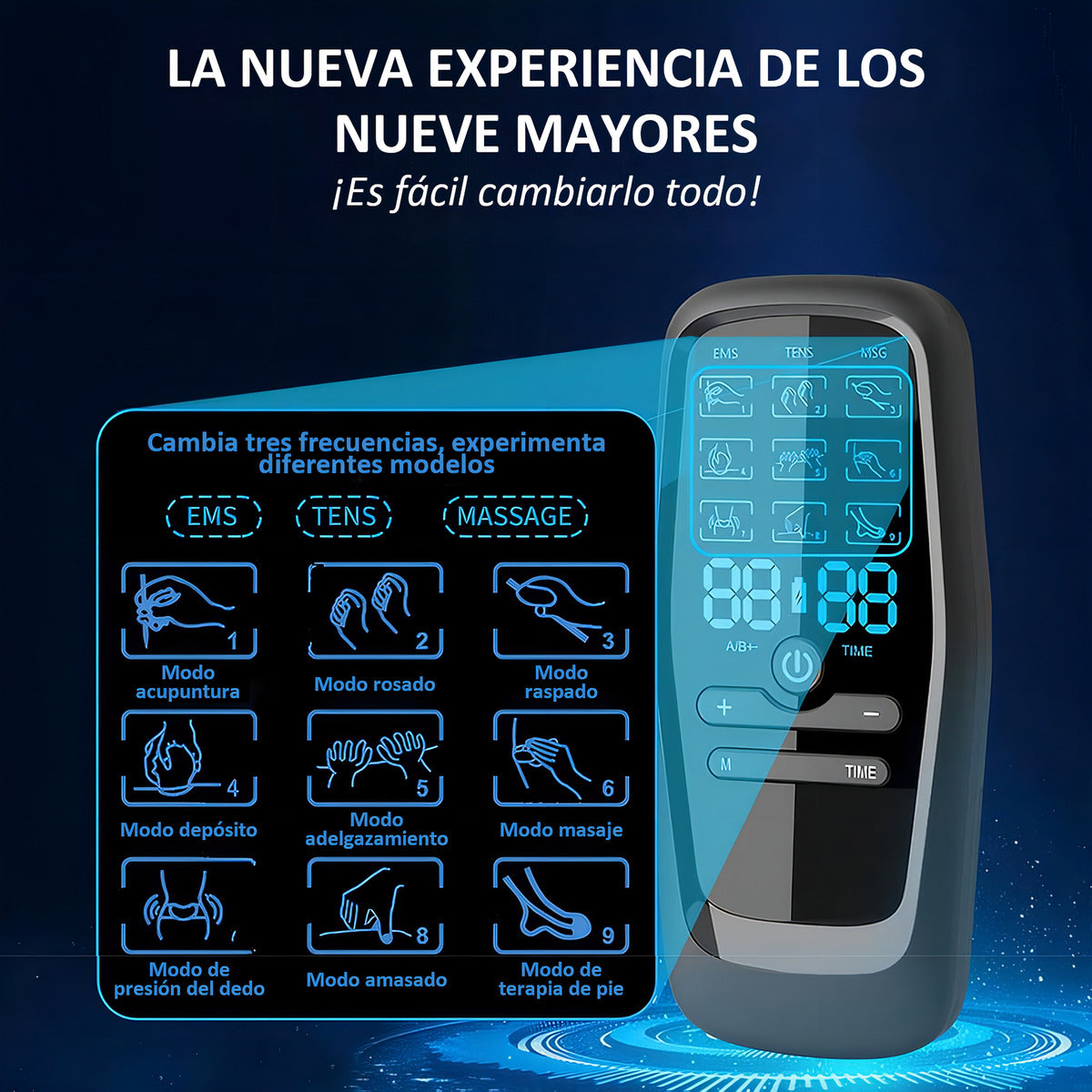 Masajeador Tens Portátil 9 Modos 4 Parches Dolor Muscular Negro