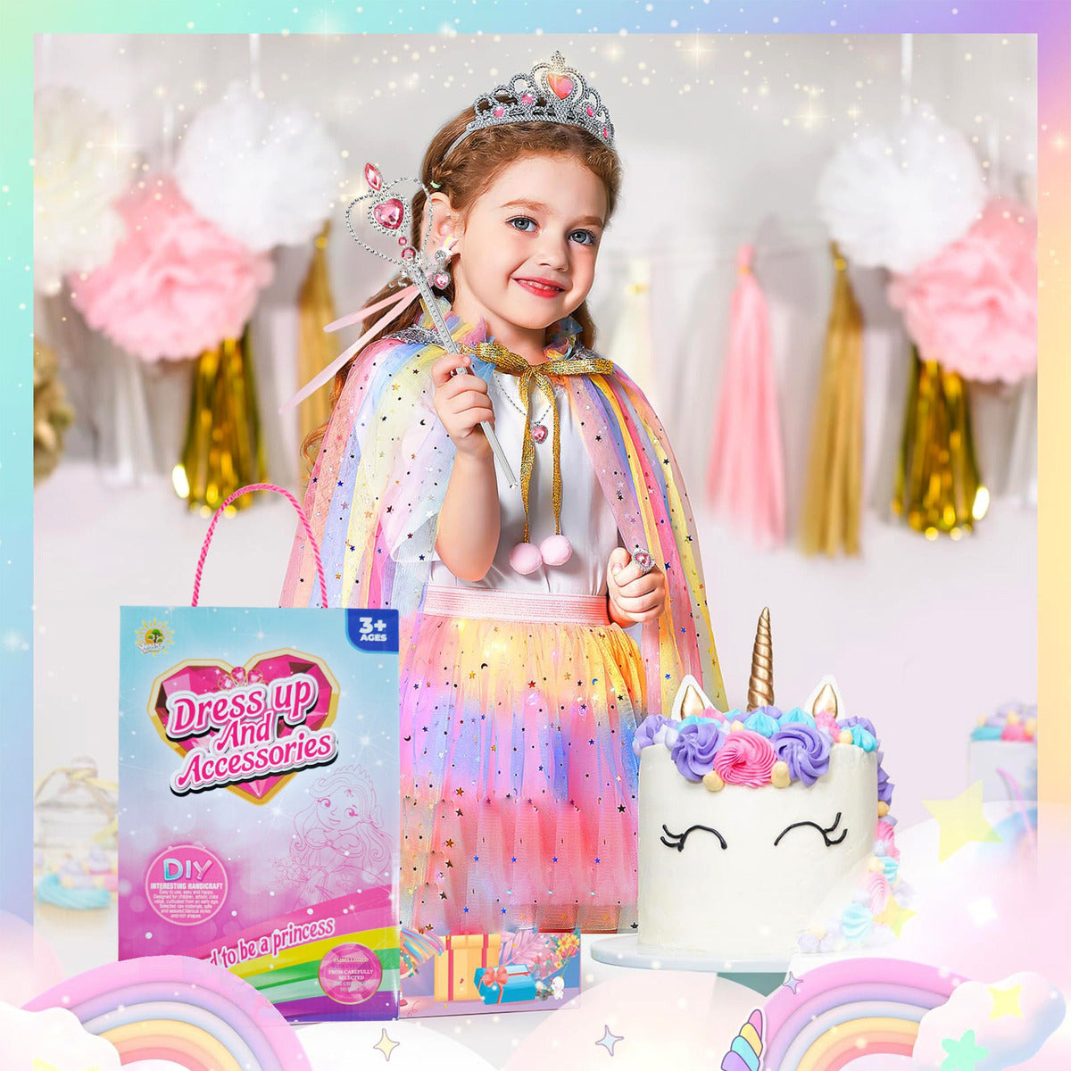 Vestido Princesa Halloween Niñas Capa Larga Brillante + Falda Corta Con Piedras