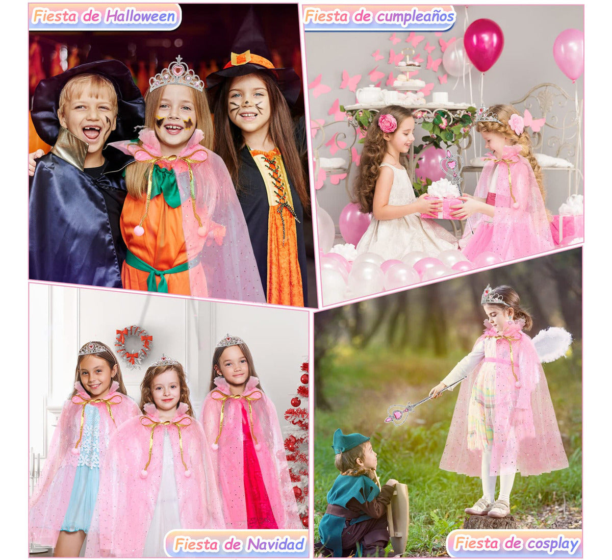 Vestido Princesa Halloween Niñas Capa Larga Brillante + Falda Corta Con Piedras