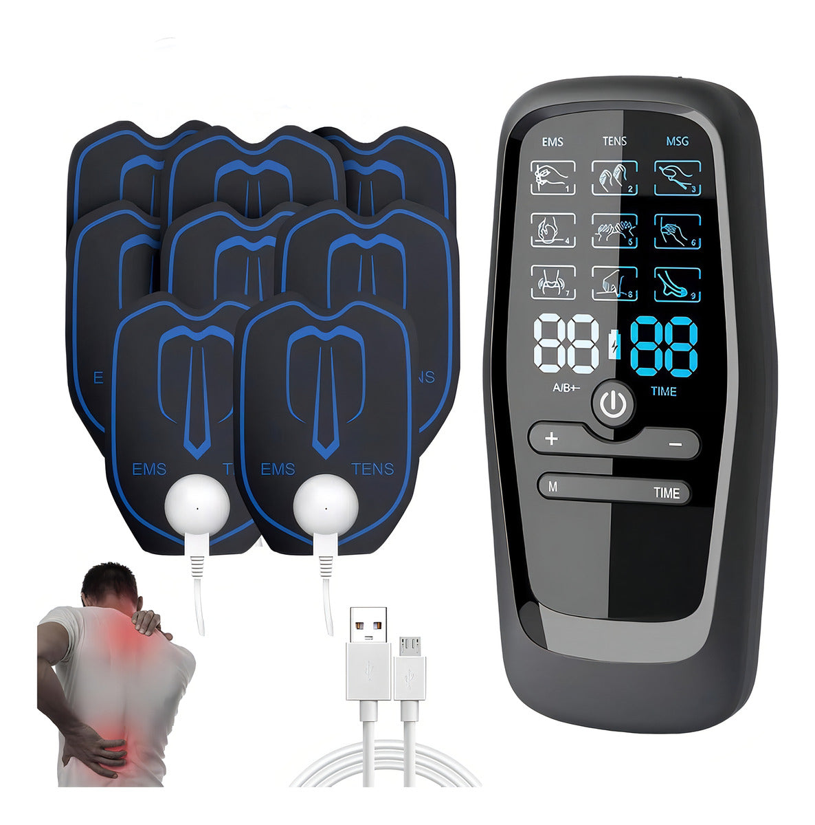 Masajeador Tens Portátil 9 Modos 4 Parches Dolor Muscular Negro