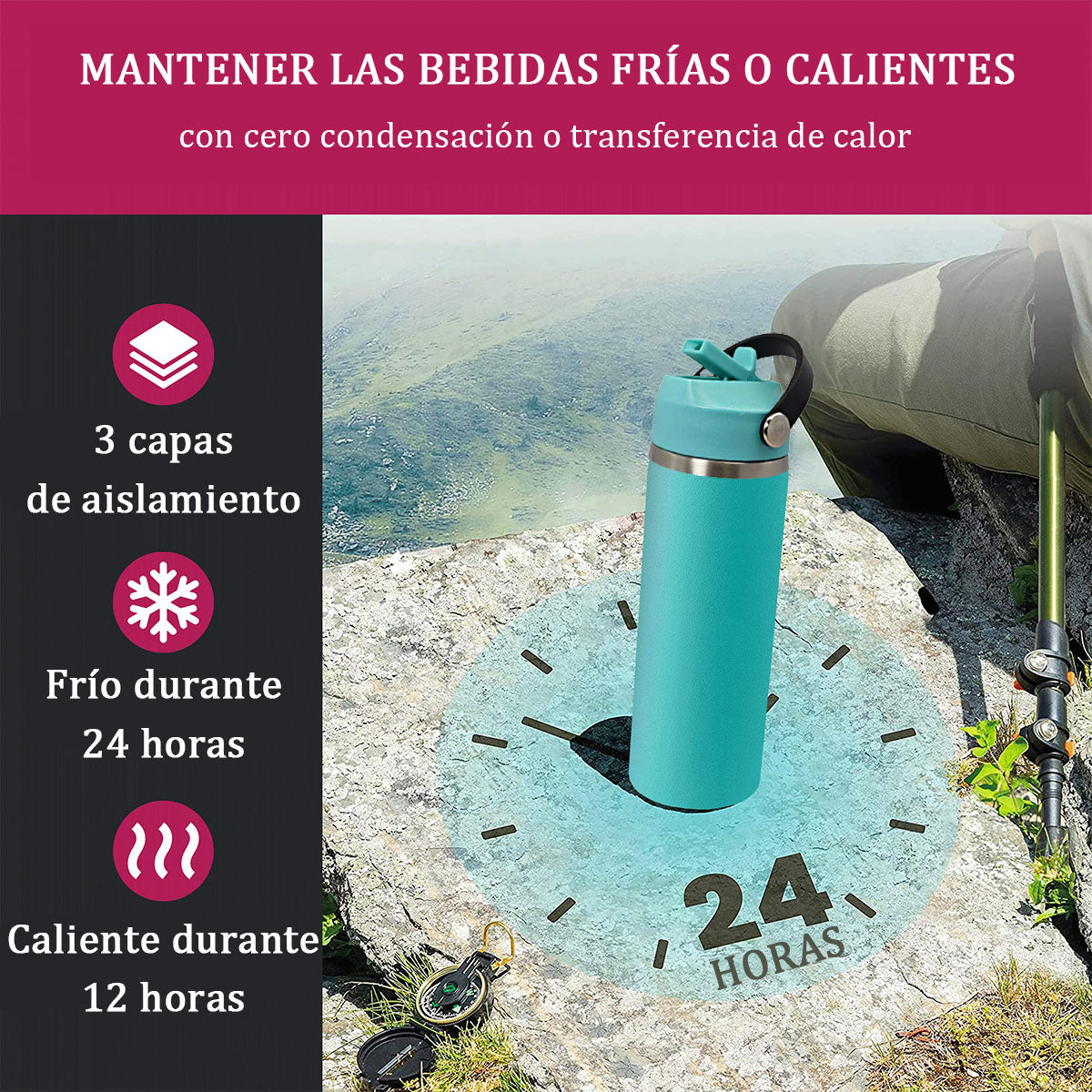 Termo Botella Agua Termica Acero Inoxidable Hoso + 2 Tapas