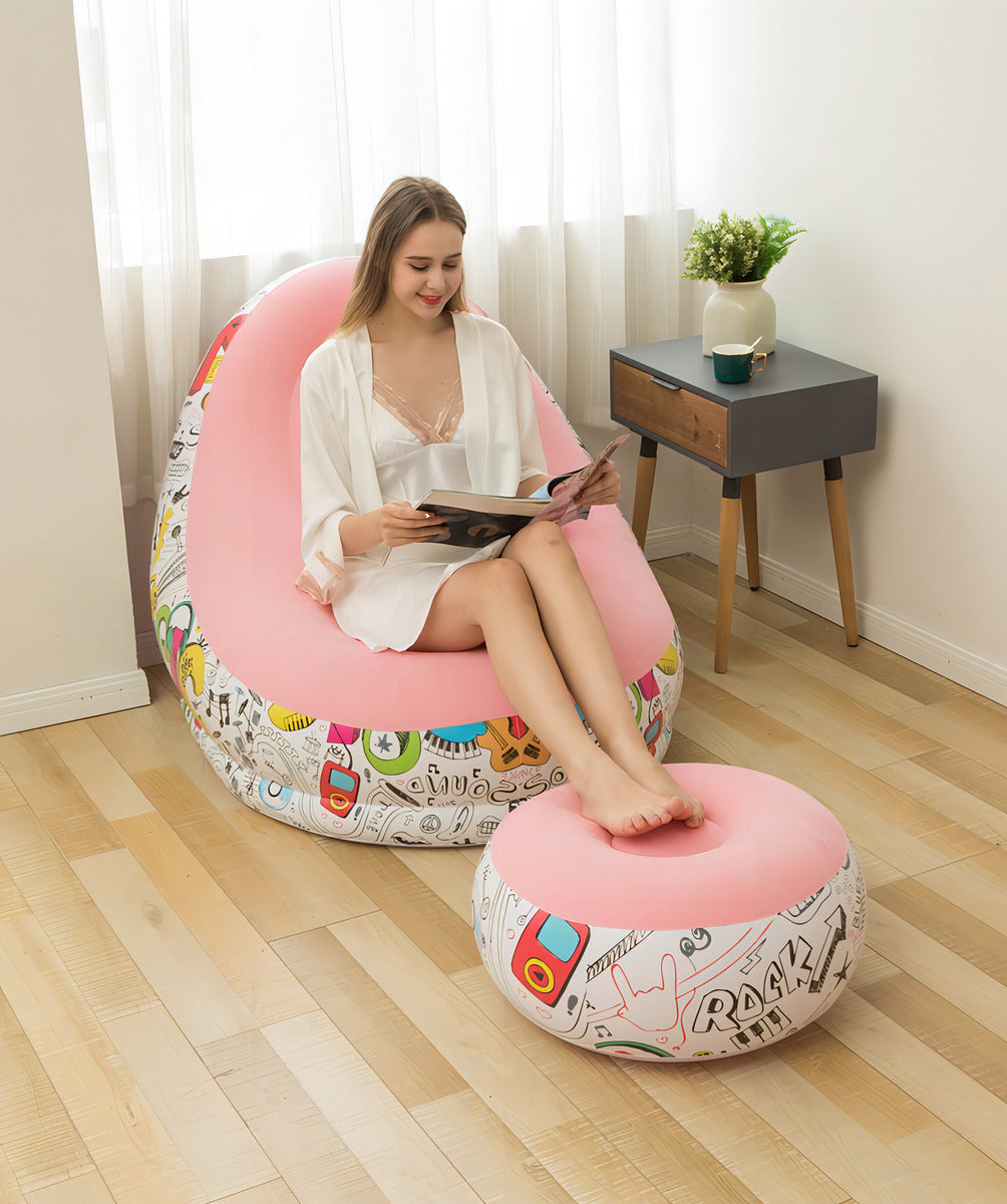 Sillón Inflable Forma Pera Flocado Rosa Con Reposapiés Soporta 195kg Grafiti Rosa