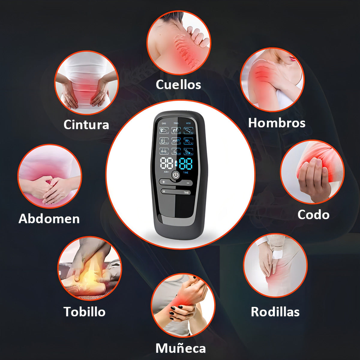 Masajeador Tens Portátil 9 Modos 4 Parches Dolor Muscular Negro