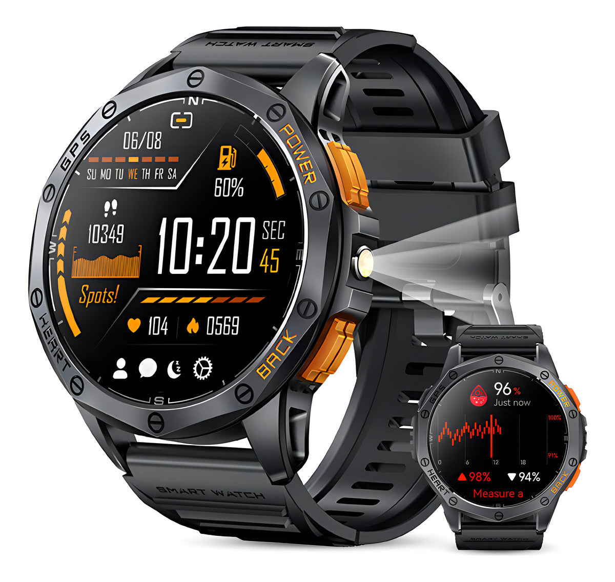 Militar Reloj Smartwatch Hombre Con Linterna Bluetooth Gps Caja Negro