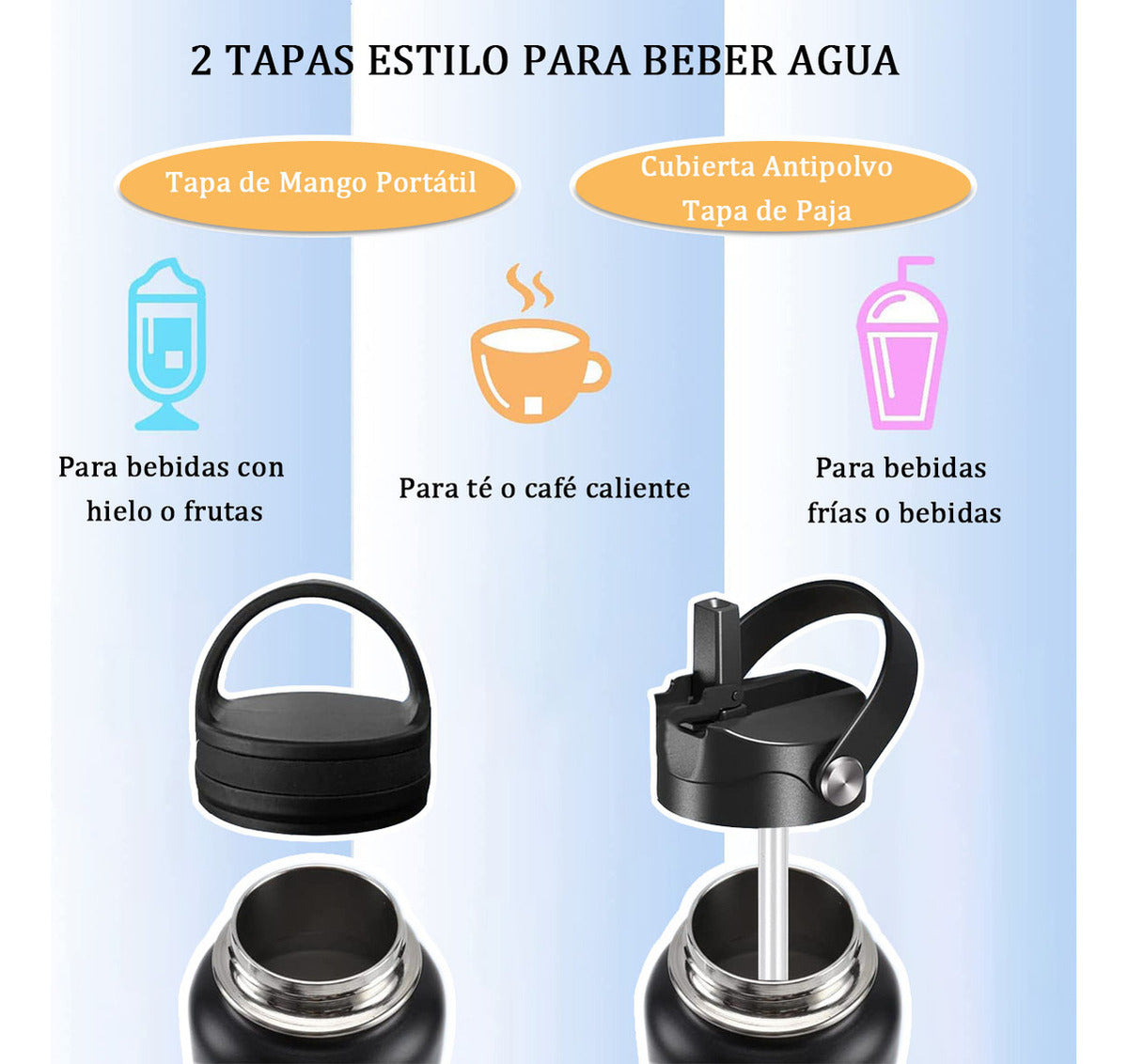 Termo Botella Agua Termica Acero Inoxidable Hoso + 2 Tapas