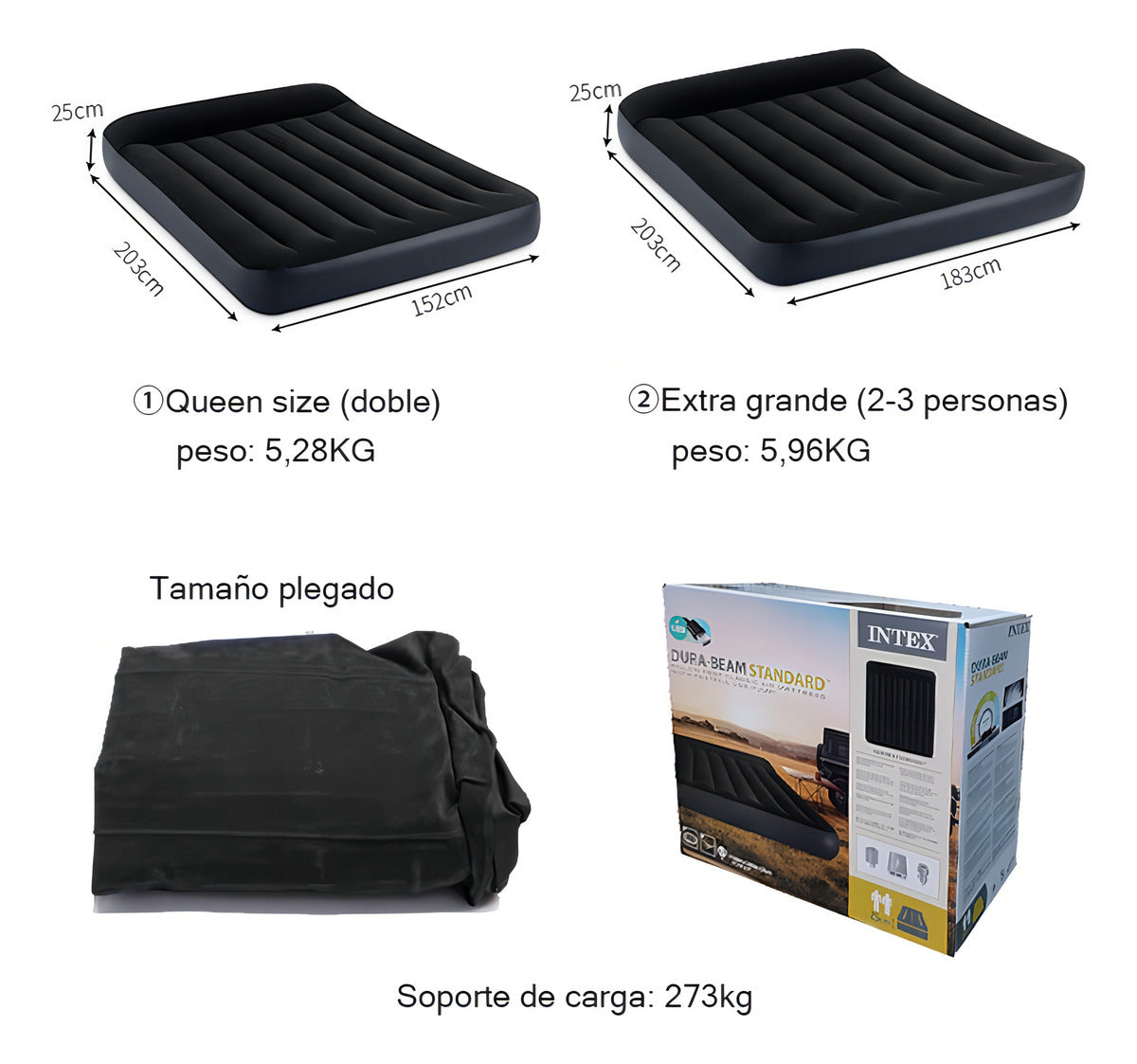 Usb Colchón Cama Hinchable Electrico 3 Plaza 183cm Almohada Color Negro